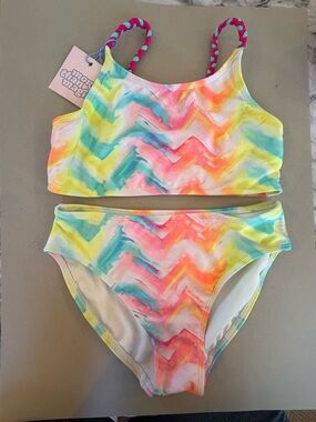 More Than Magic Pastel Zigzag Two-Piece Girls Swim Set. UPF 50+. Size XL (14-16)